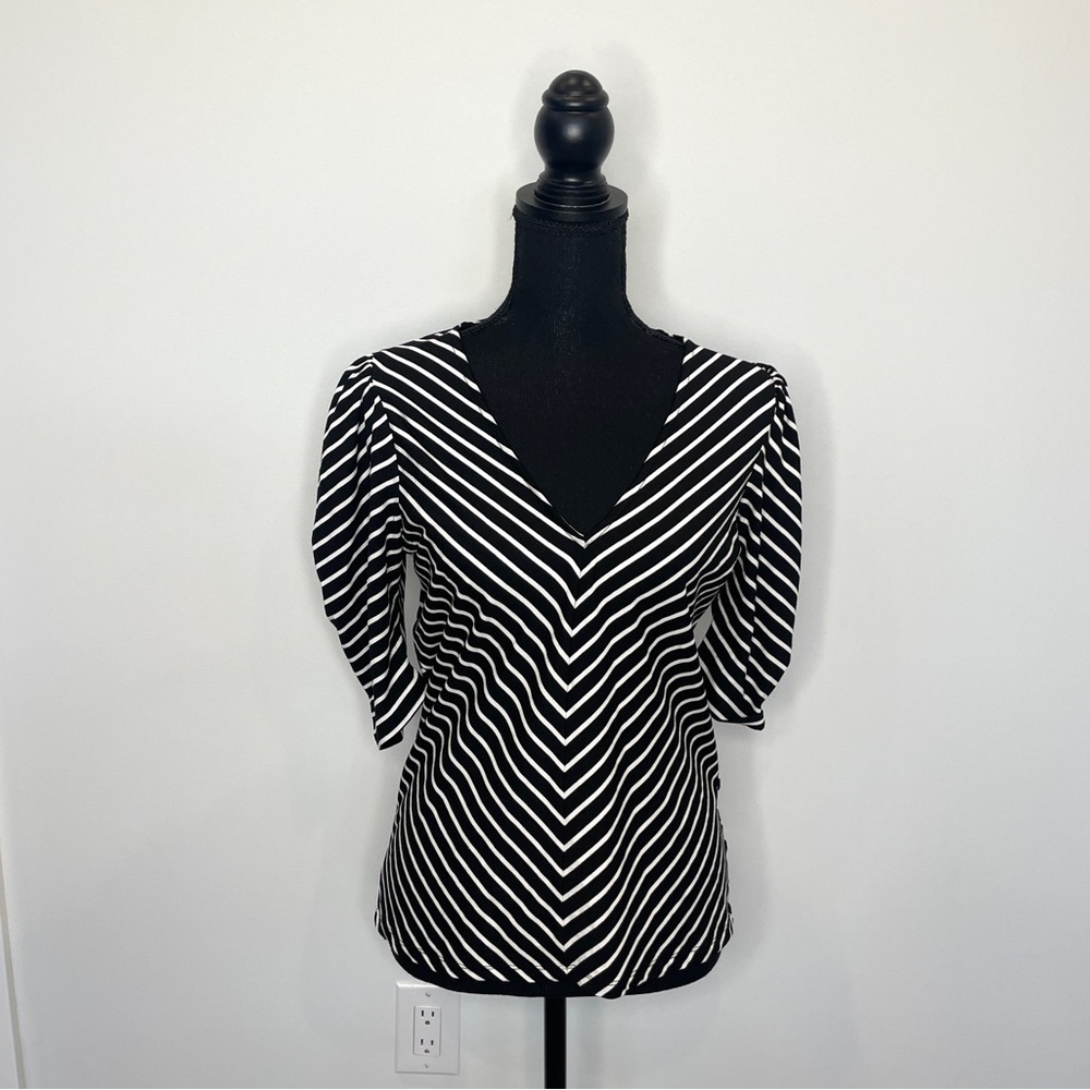 FRAME Black and White Chevron Strip V-Neck Shirred Puff Sleeve Top